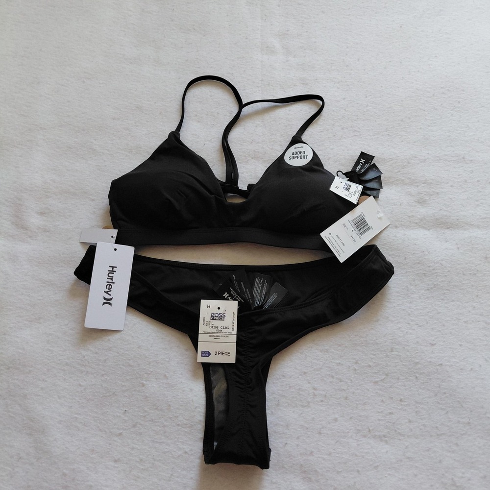 Hurley Black 2 Piece Bikini Set Large Triangle Top Skimpy Bottom Support NWT